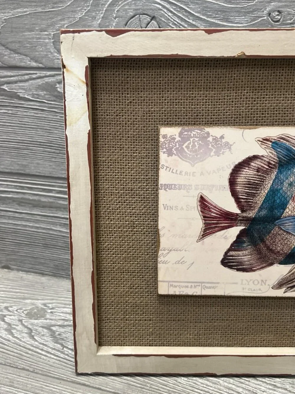 Tim Coffey Tropical Fish Art Framed Wall Picture 12” X 14” Burlap Wood Beach